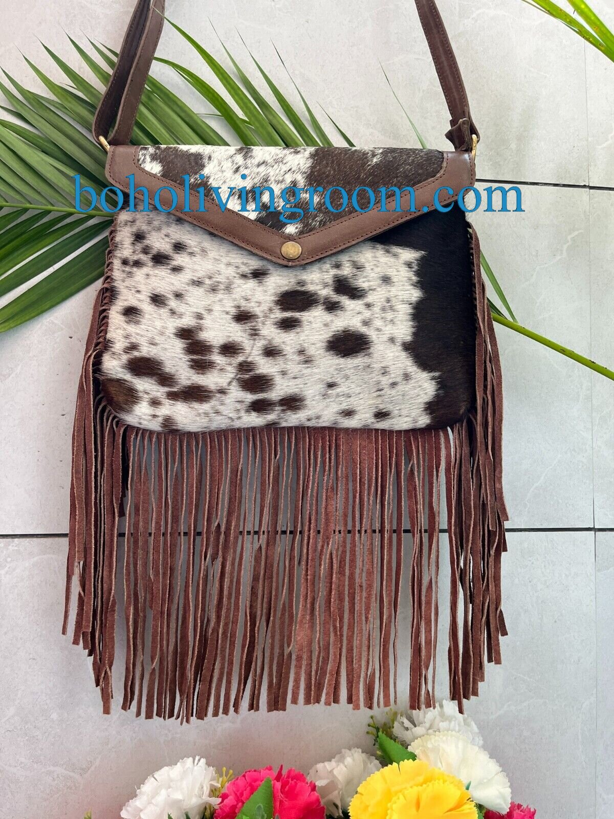 Spotted Black White Cowhide Crossbody Bag With Fringes