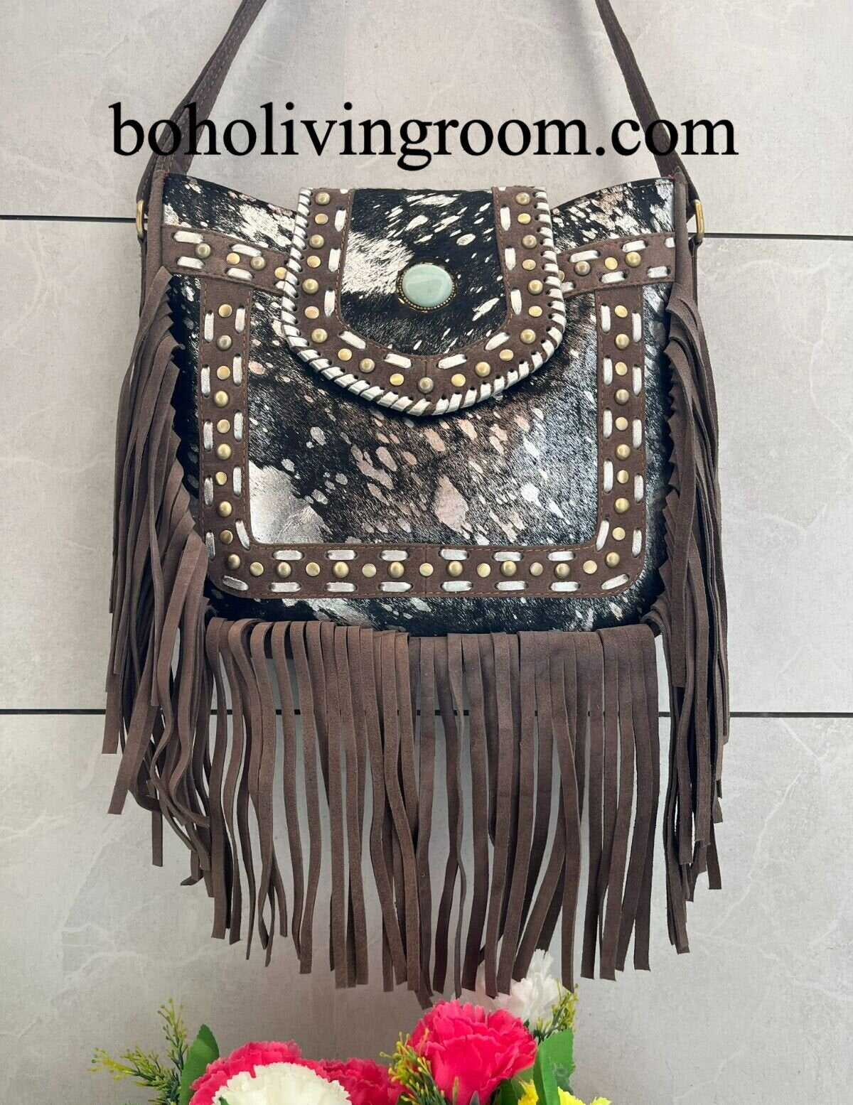 Metallic Cowhide Crossbody Purse With Leather Fringe