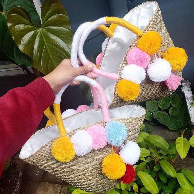 Woven Mendong Tote Bag with Pompoms