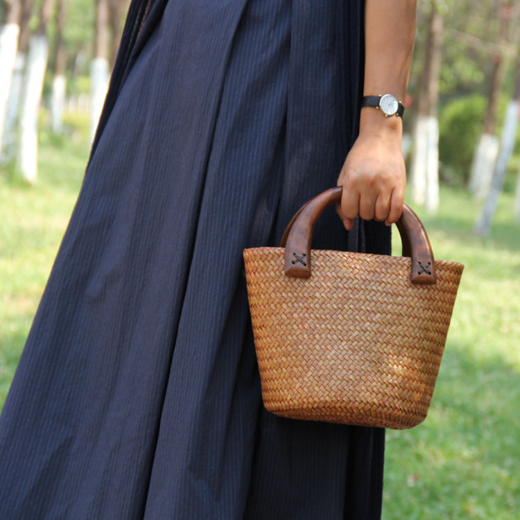 Woven Rattan Straw Tote Bag with Wooden Handle