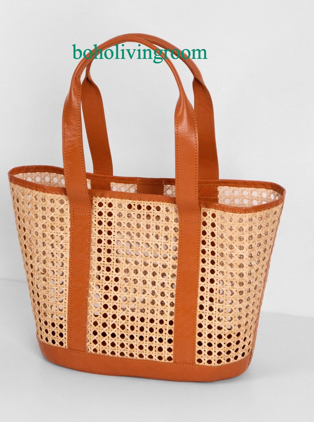 Boho Rattan Leather Tote Bag