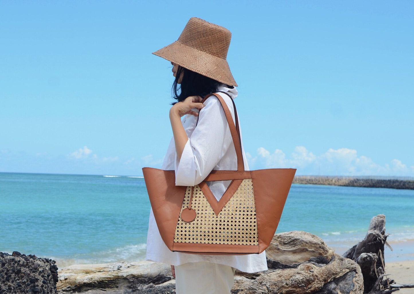 Leather Rattan Tote Bag Woven Handbag