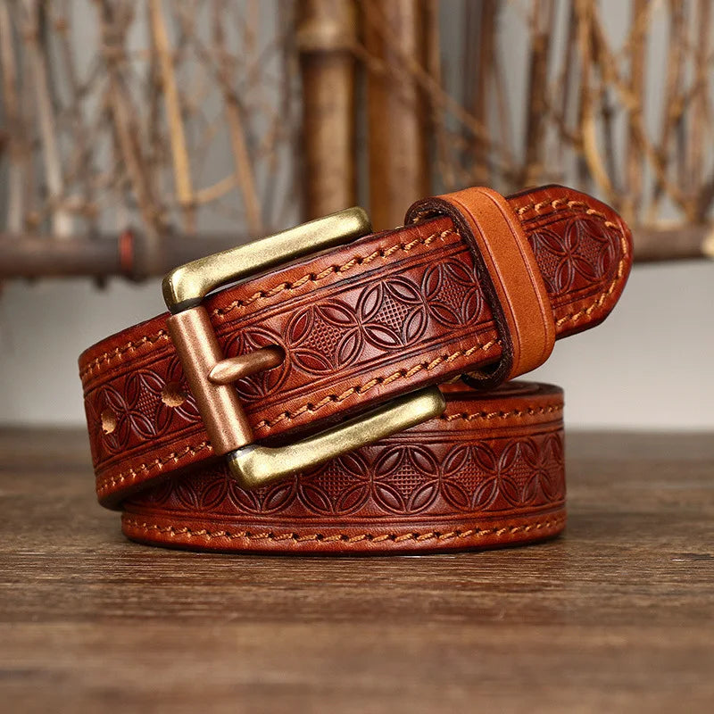 Genuine Leather Belt for Men Vintage Brass Buckle