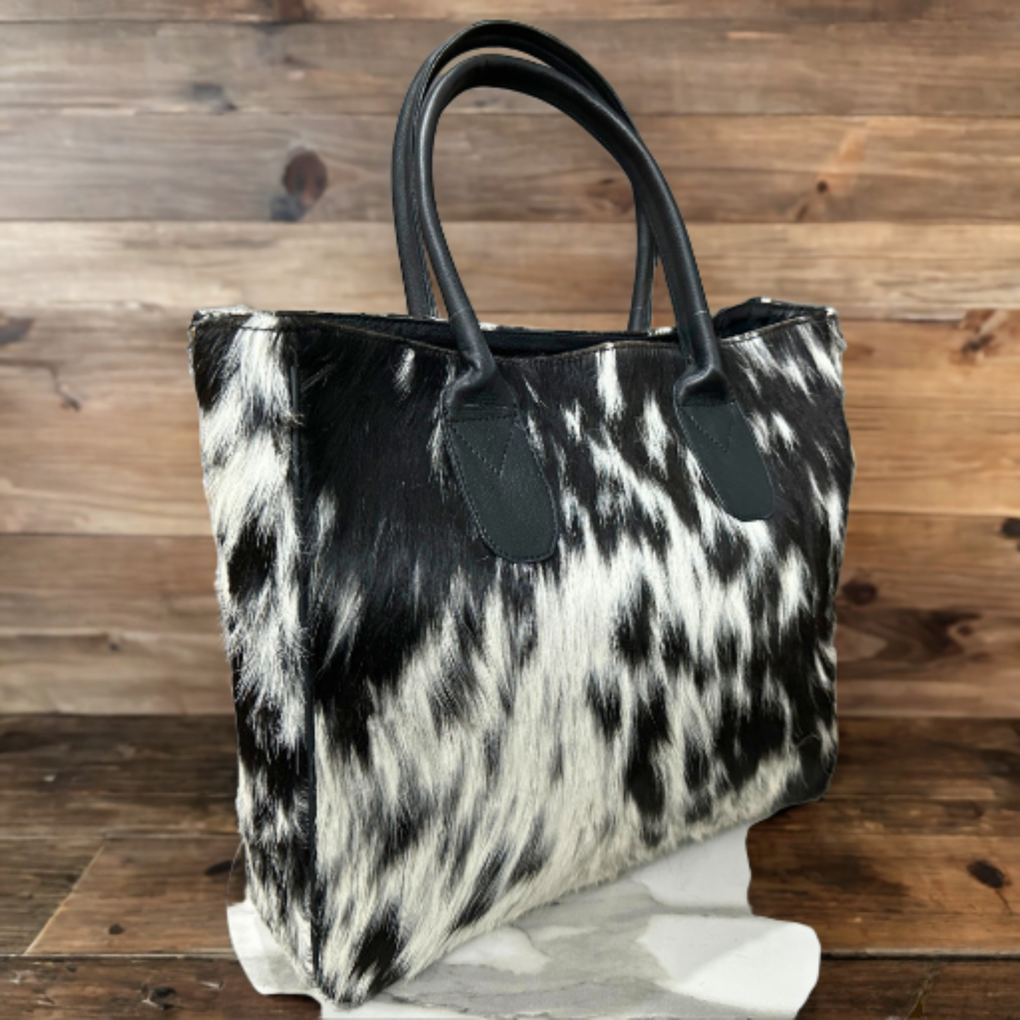 Classic Cowhide Tote Bag Black White