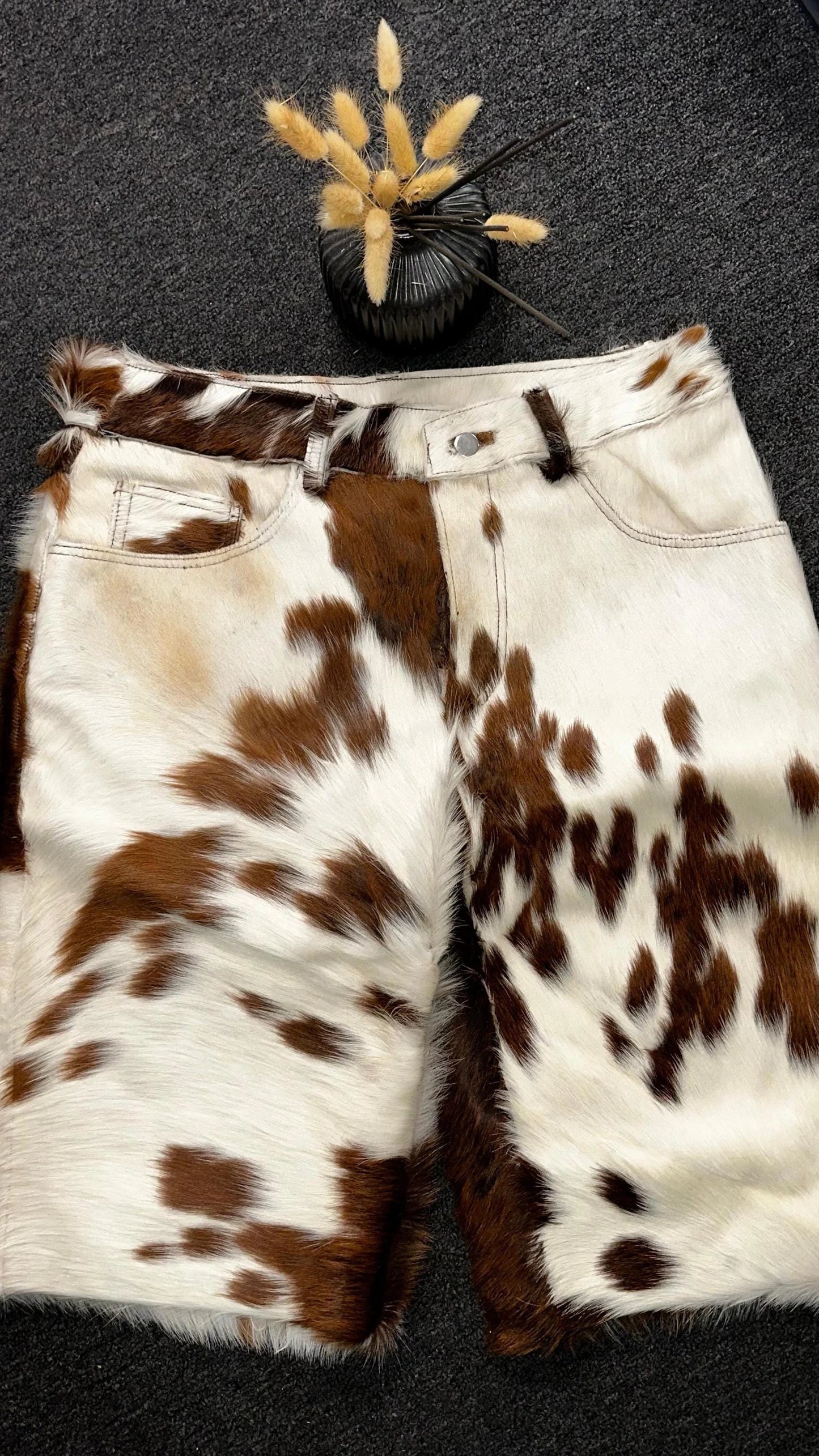 men cowhide shorts brown white
