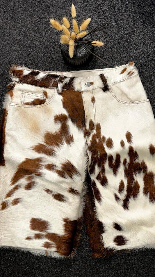 men cowhide shorts brown white