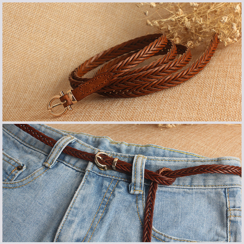 Women Skinny Braided Leather Belt