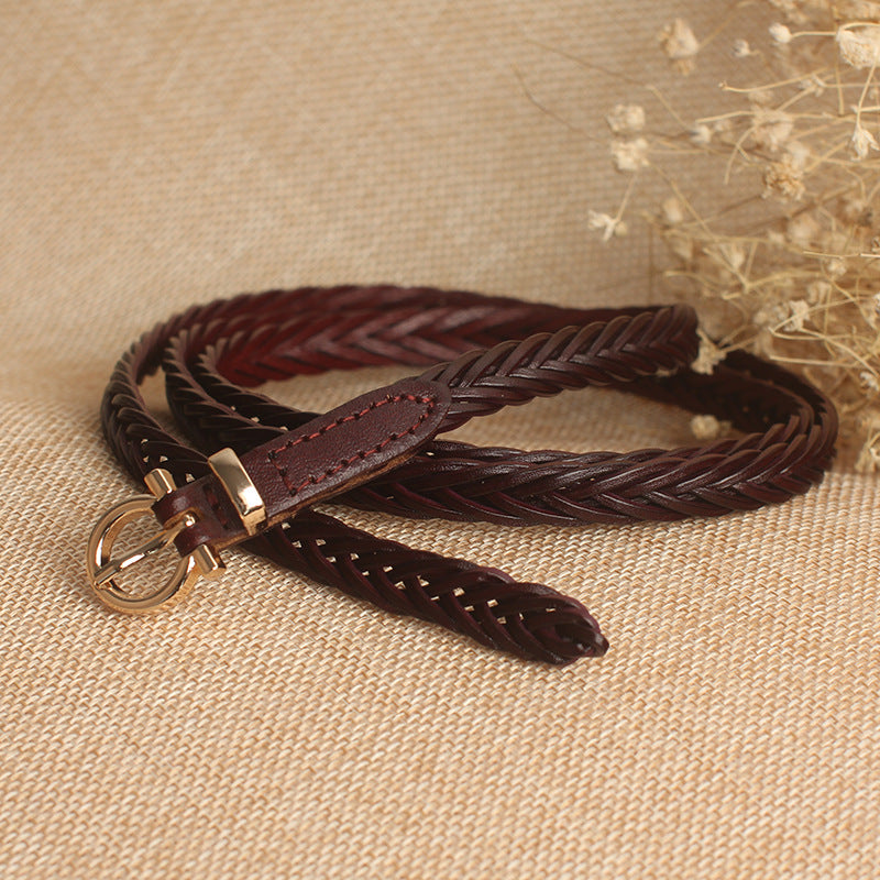 Women Skinny Braided Leather Belt