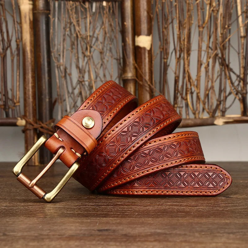 Genuine Leather Belt for Men Vintage Brass Buckle