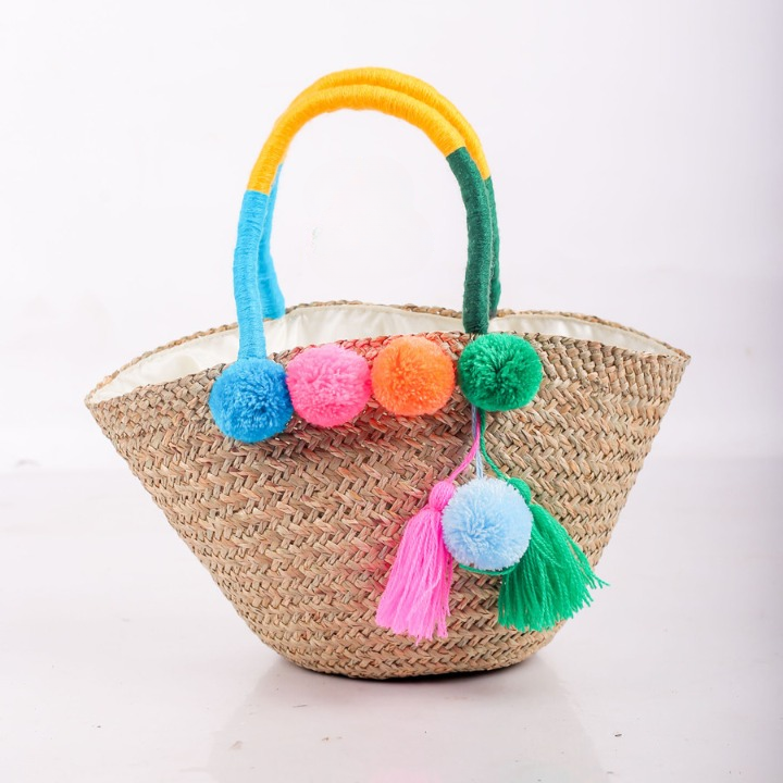 Woven Mendong Tote Bag with Pompoms