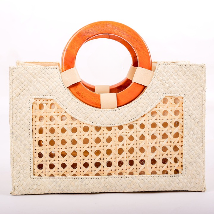 Woven Pandan Bag with Bamboo and Wooden Handle