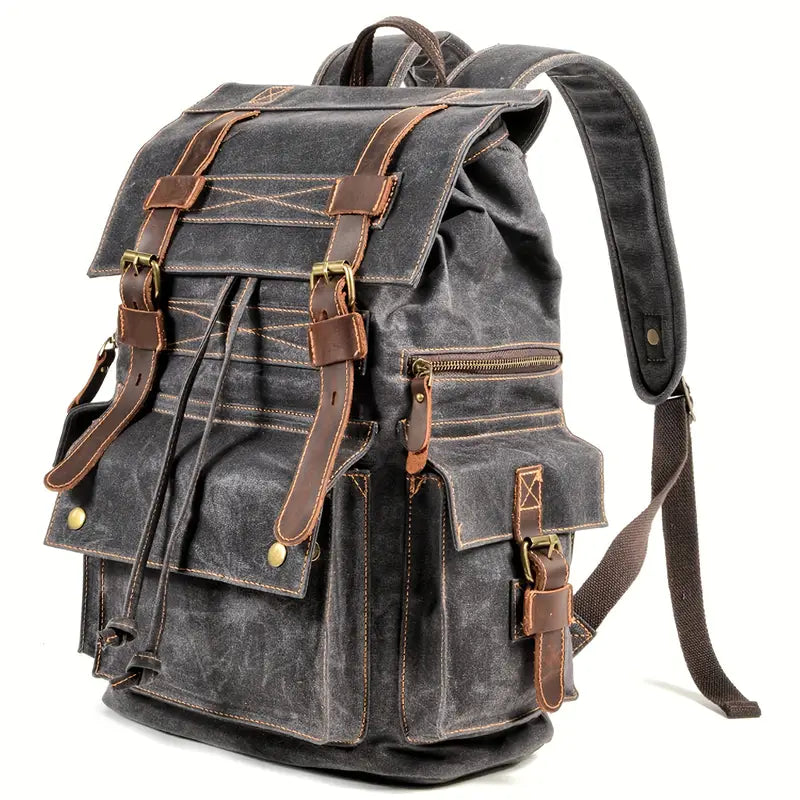 canvas and leather backpack outdoors