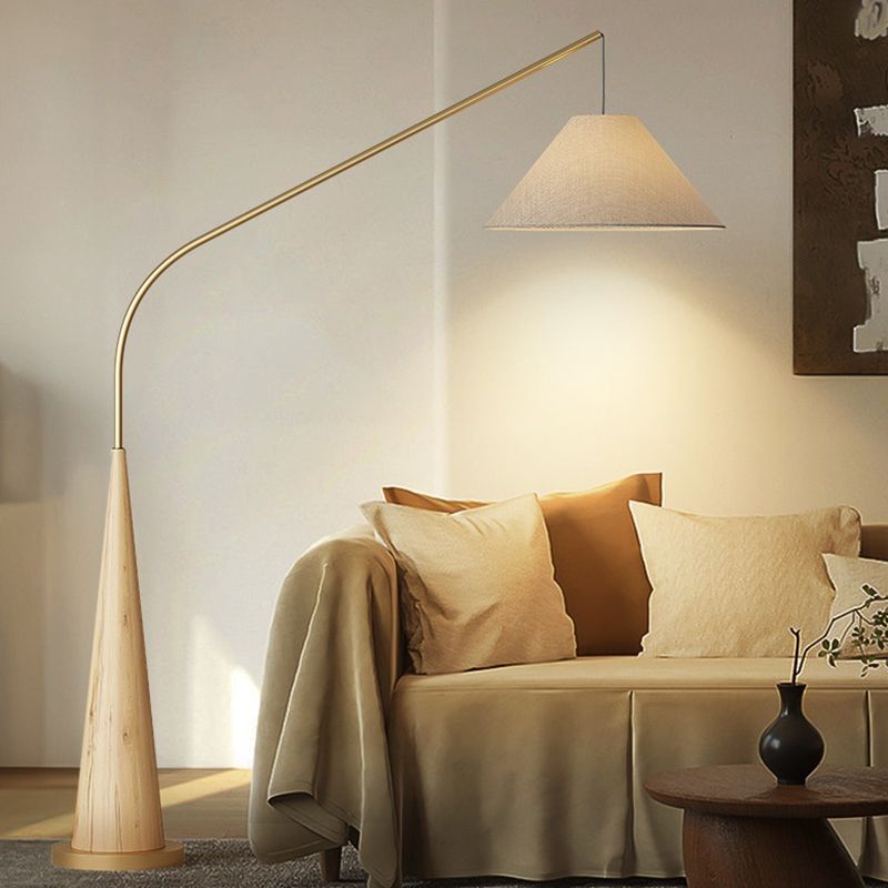 Modern Curved Arc Floor Lamp with Wood Base and Fabric Shade