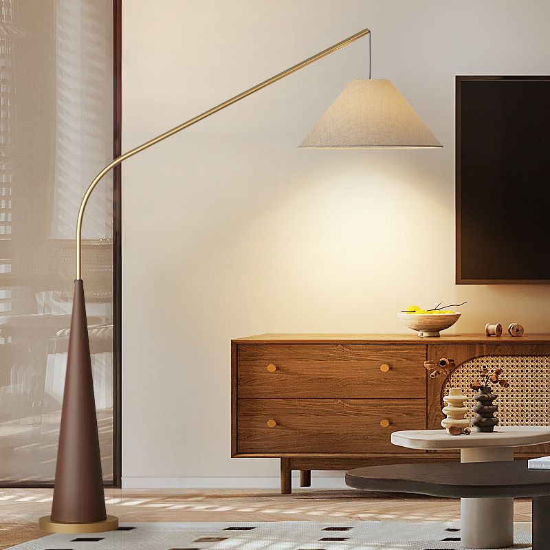 Modern Curved Arc Floor Lamp with Wood Base and Fabric Shade