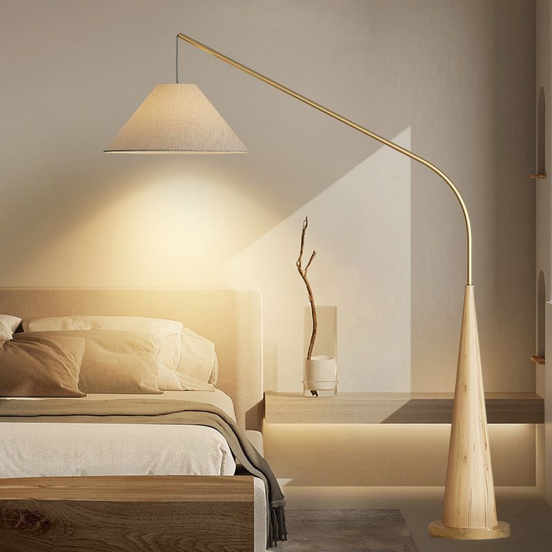 Modern Curved Arc Floor Lamp with Wood Base and Fabric Shade