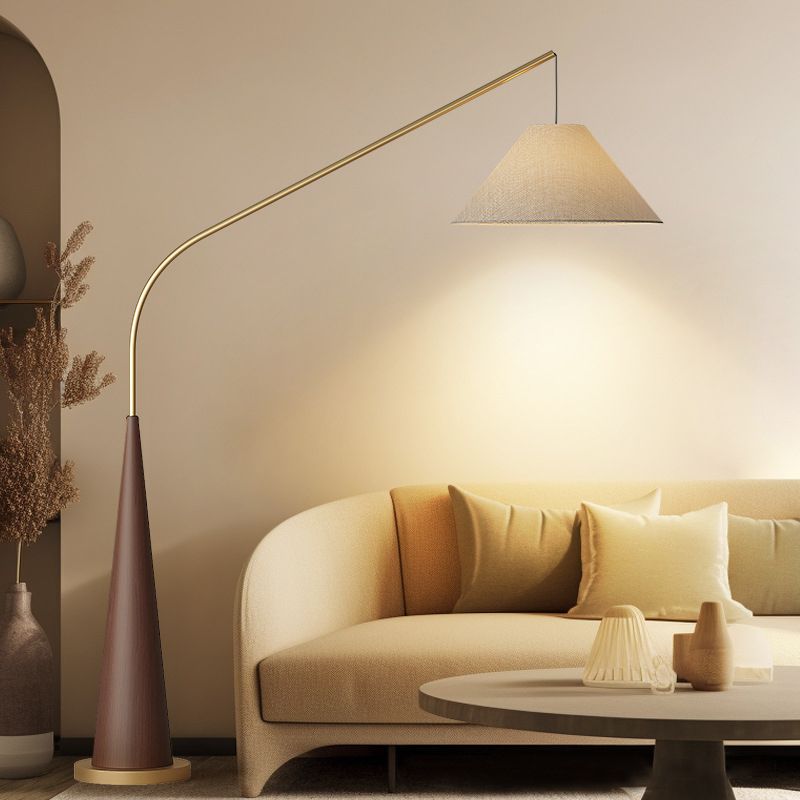 Modern Curved Arc Floor Lamp with Wood Base and Fabric Shade