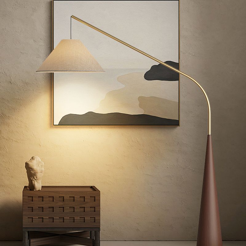 Modern Curved Arc Floor Lamp with Wood Base and Fabric Shade