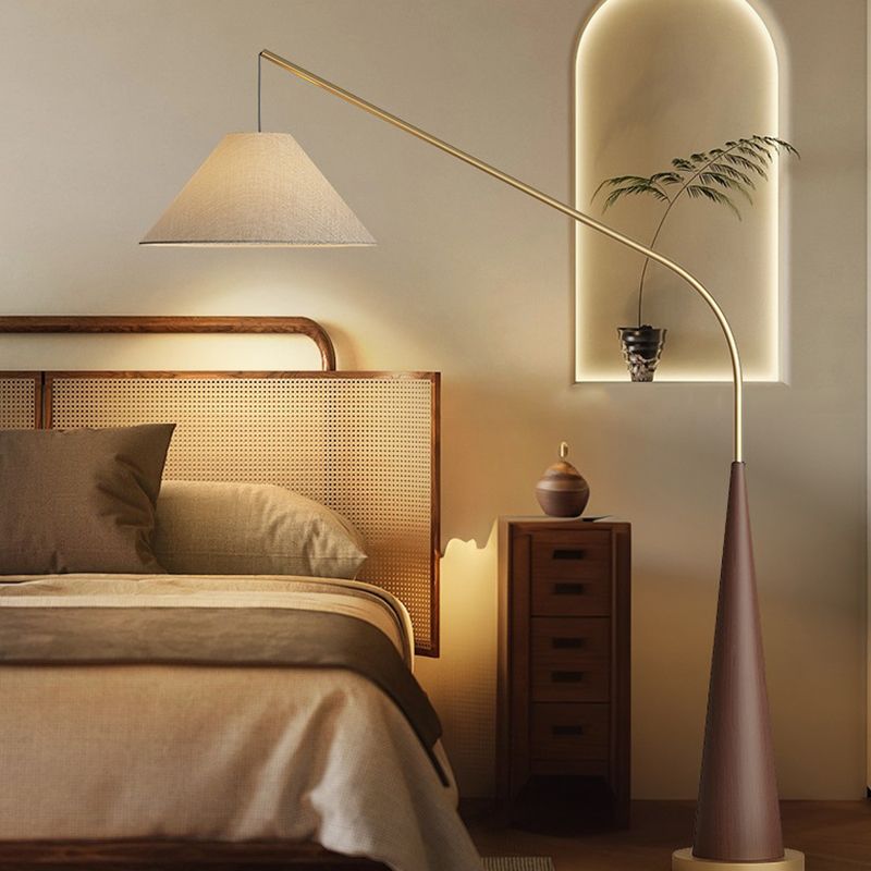 Modern Curved Arc Floor Lamp with Wood Base and Fabric Shade