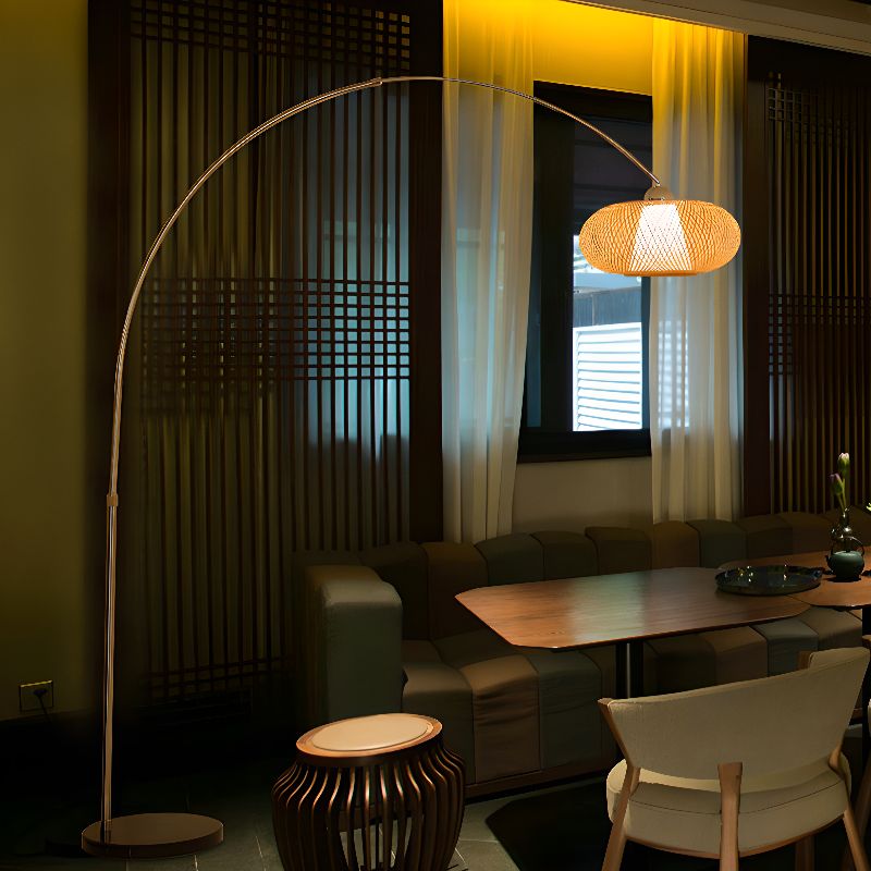 Japandi Rattan Dome Shade Bamboo Arc Floor Lamp