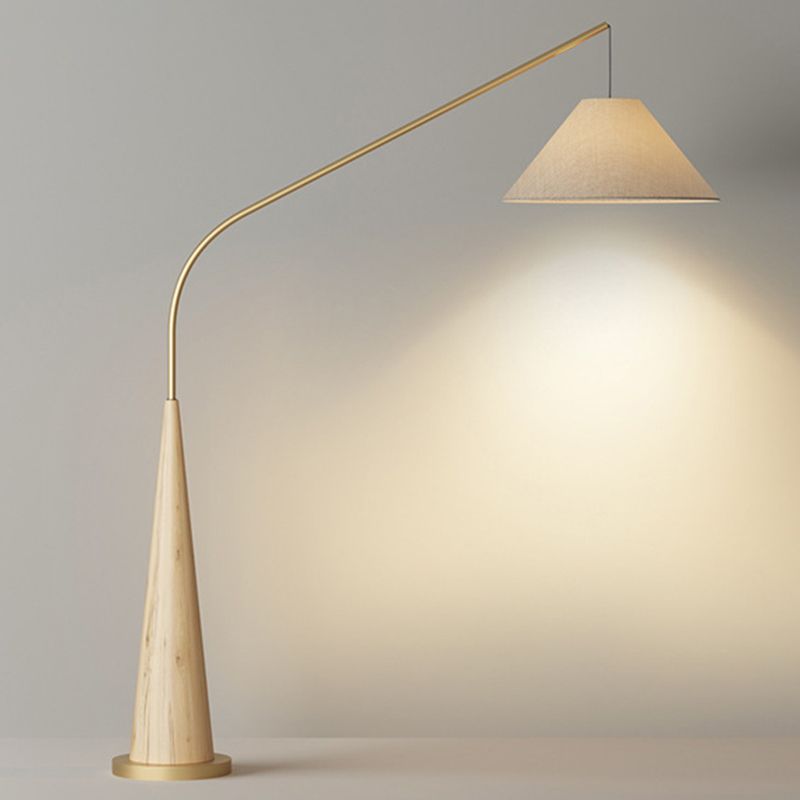 Modern Curved Arc Floor Lamp with Wood Base and Fabric Shade