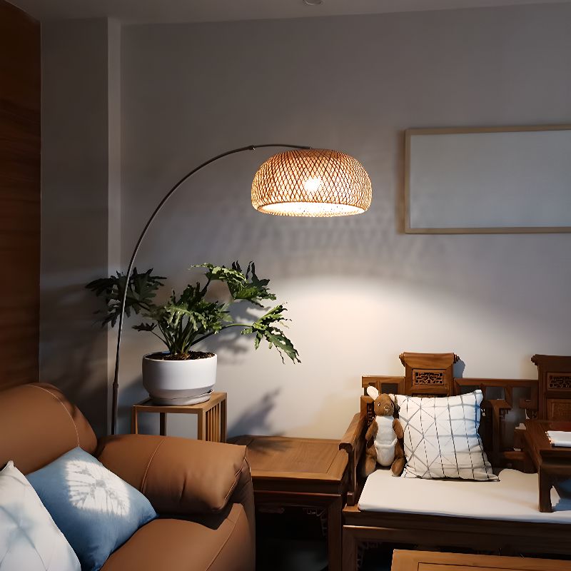 Japandi Rattan Dome Shade Bamboo Arc Floor Lamp