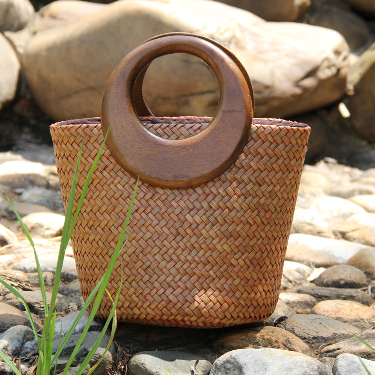 Woven Rattan Straw Tote Bag with Wooden Handle