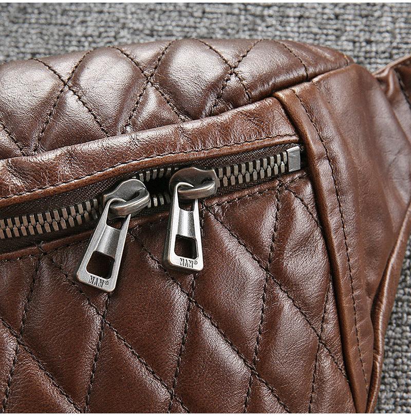 Men Leather Chest Bags Quilted Front Zip