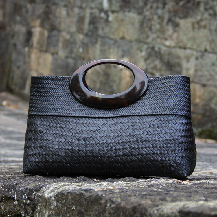 Black Woven Straw Handbag Summer Beach Tote