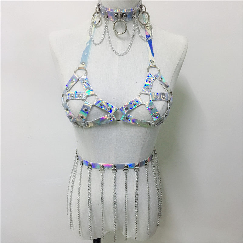 women holographic harness set belt chain skirt festival outfit set