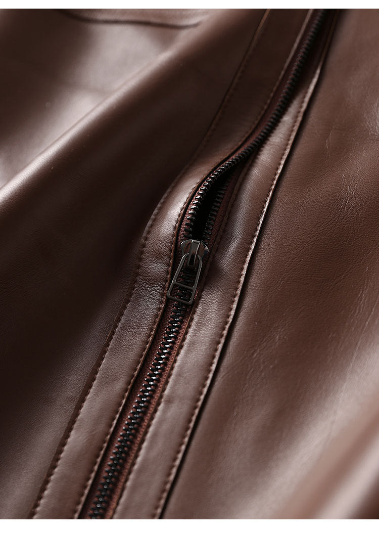 Brown Leather Midi Skirt High Waisted A-Line with Front Zipper