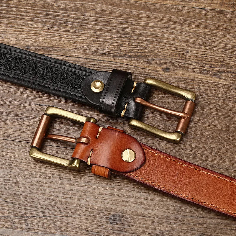 Genuine Leather Belt for Men Vintage Brass Buckle