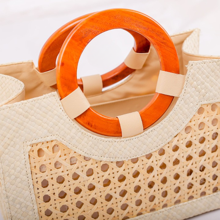 Woven Pandan Bag with Bamboo and Wooden Handle