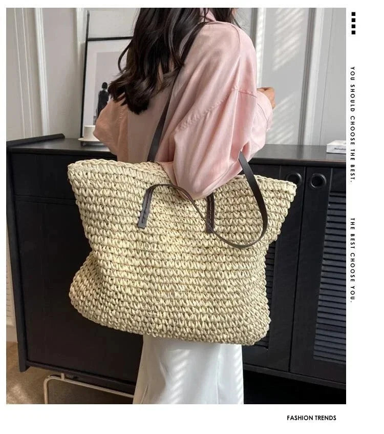 Large Woven Straw Tote Summer Beach Bag