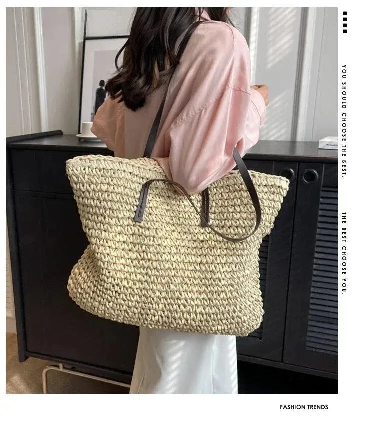 Large Woven Straw Tote Summer Beach Bag