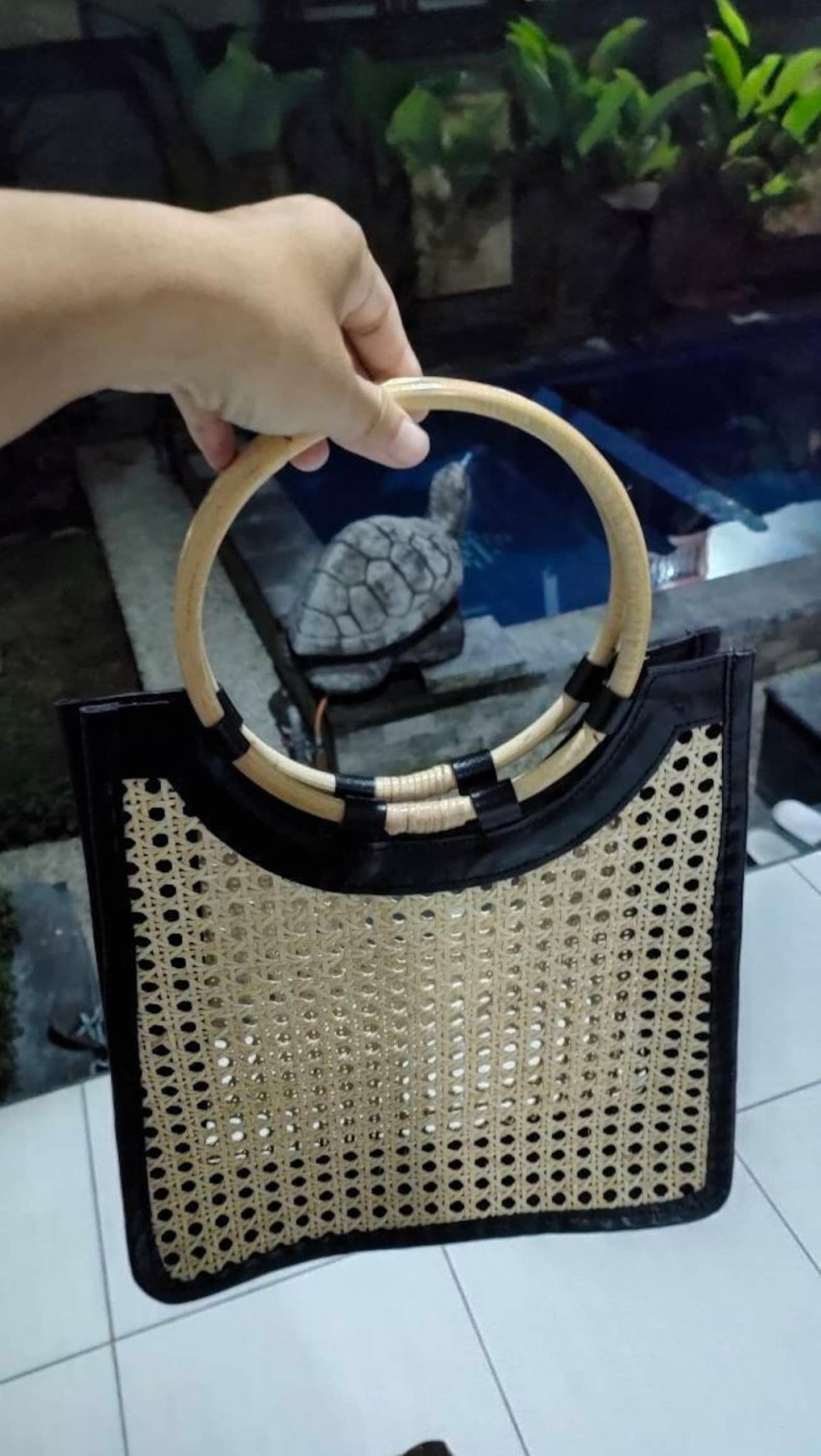 Rattan Webbing Handbag with bamboo handle