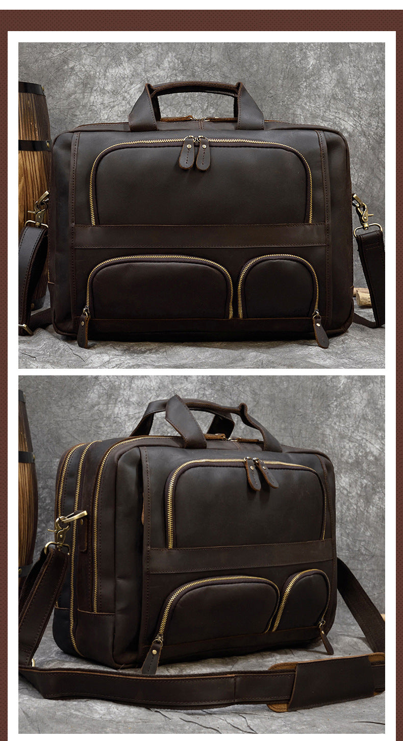 Genuine Leather Office Laptop Bag with Trolley Sleeve