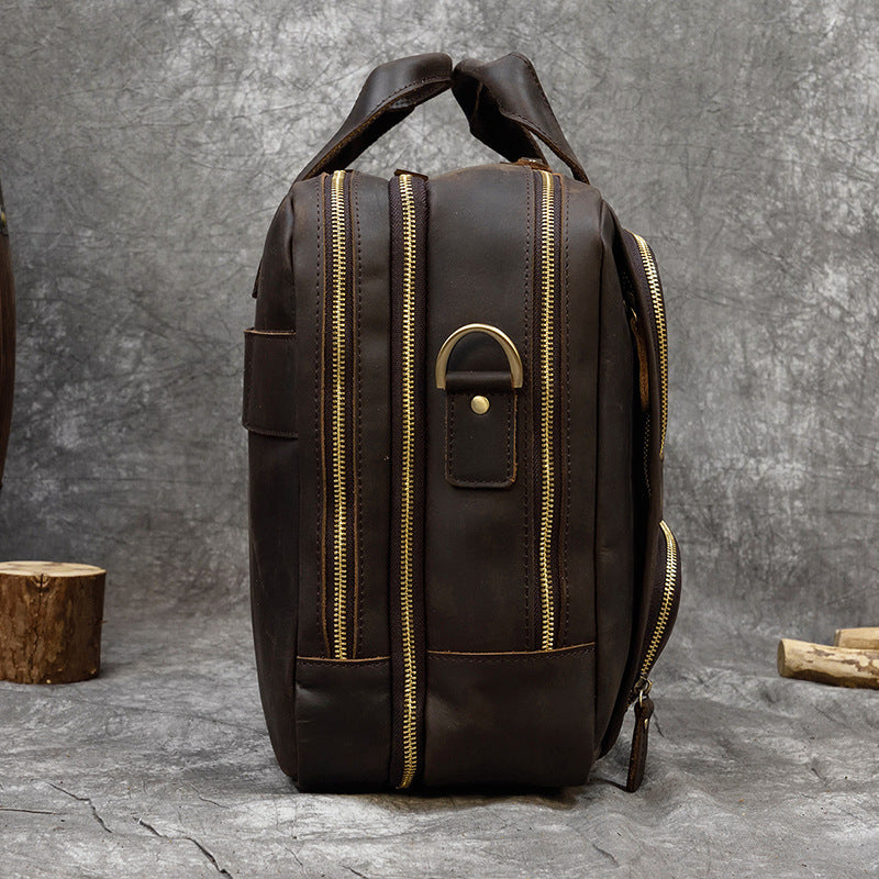 Genuine Leather Office Laptop Bag with Trolley Sleeve