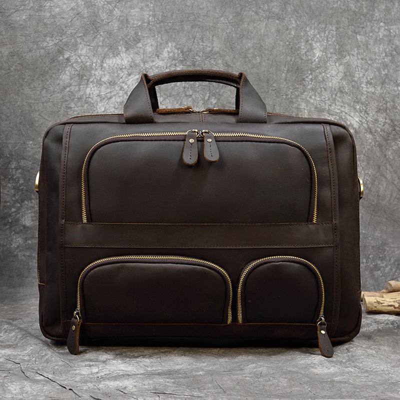 Genuine Leather Office Laptop Bag with Trolley Sleeve
