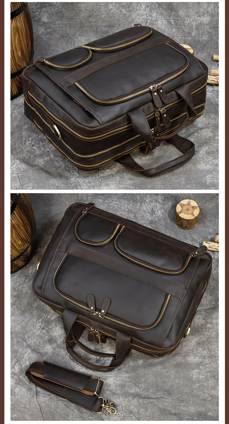 Genuine Leather Office Laptop Bag with Trolley Sleeve