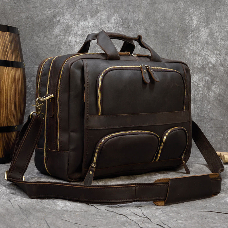 Genuine Leather Office Laptop Bag with Trolley Sleeve