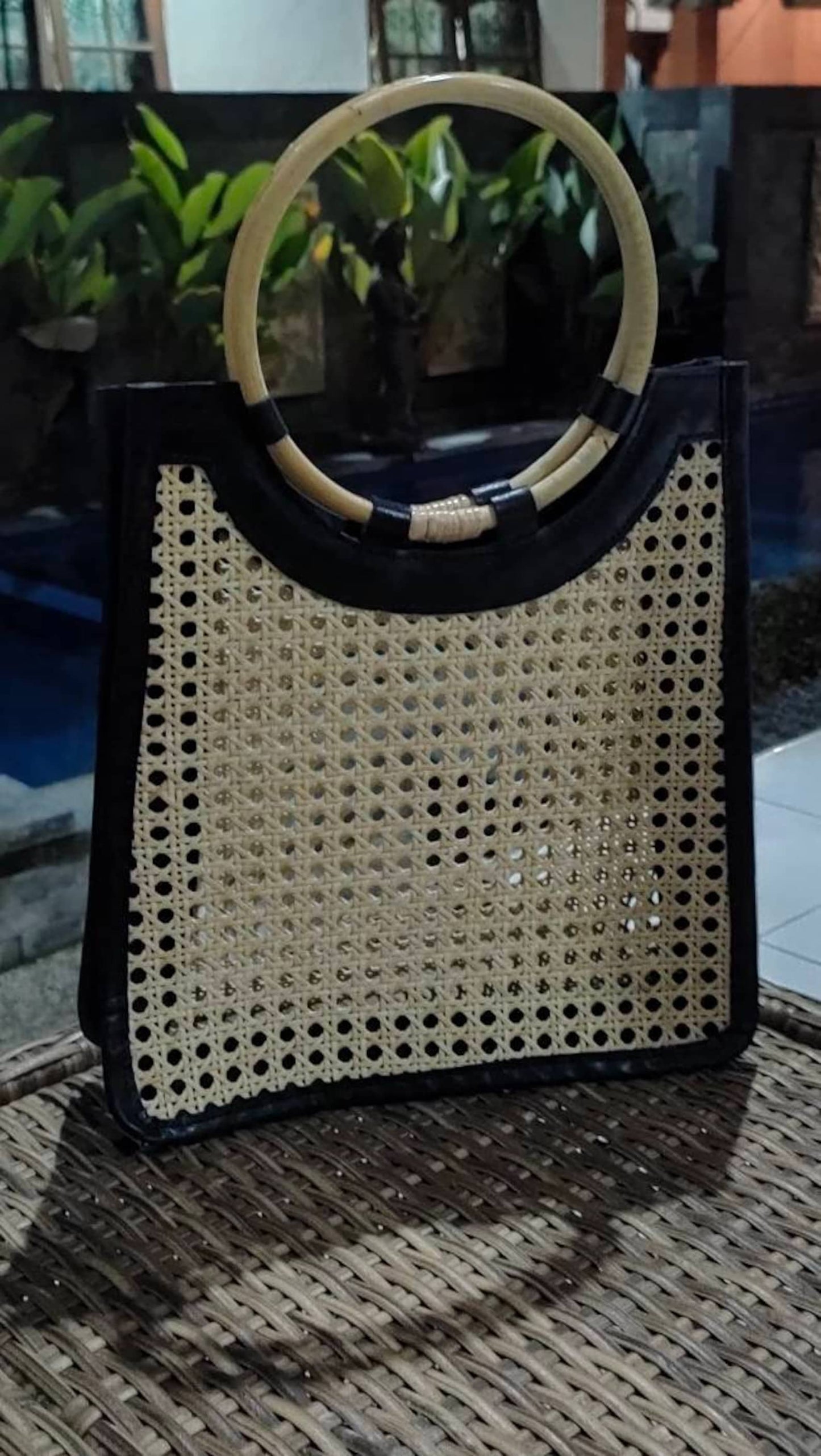 Rattan Webbing Handbag with bamboo handle