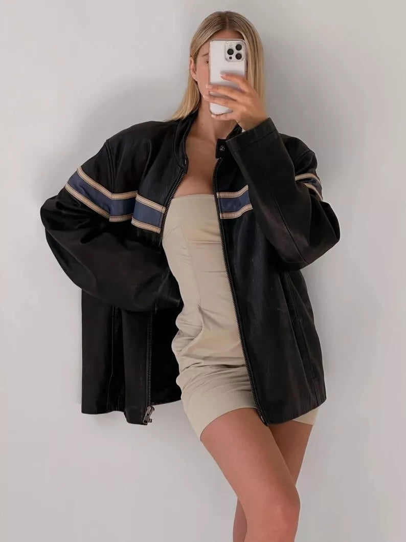 Genuine Leather Oversized Women's Biker Jacket