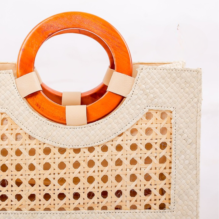 Woven Pandan Bag with Bamboo and Wooden Handle