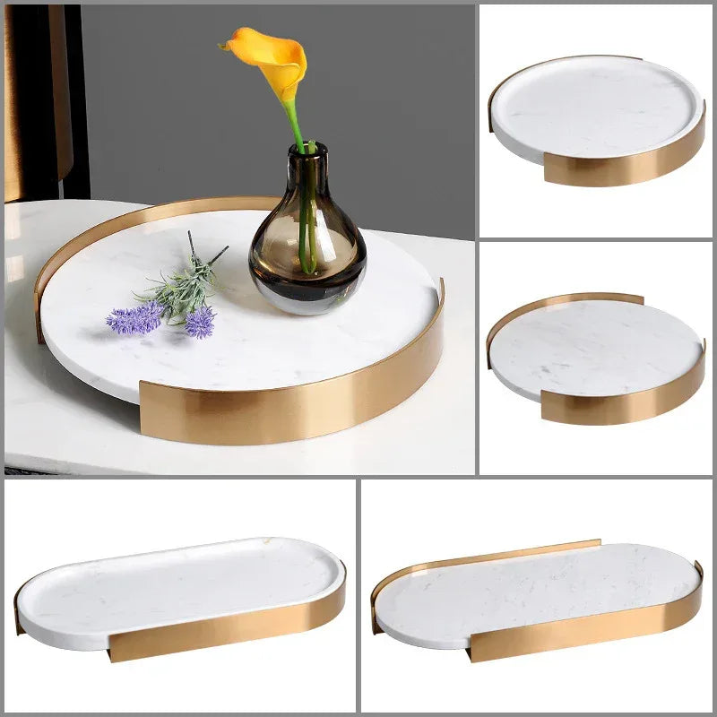 Marble Coffee Table Tray with Gold Rim Round & Oval Vanity Tray