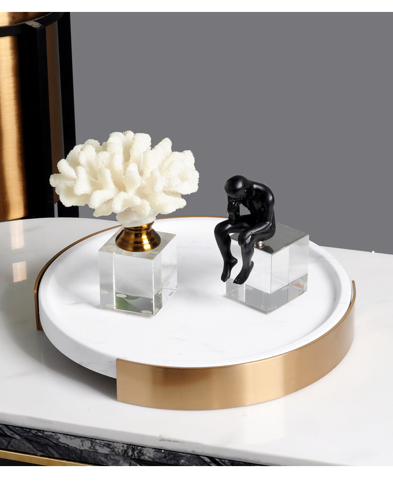 Marble Coffee Table Tray with Gold Rim Round & Oval Vanity Tray