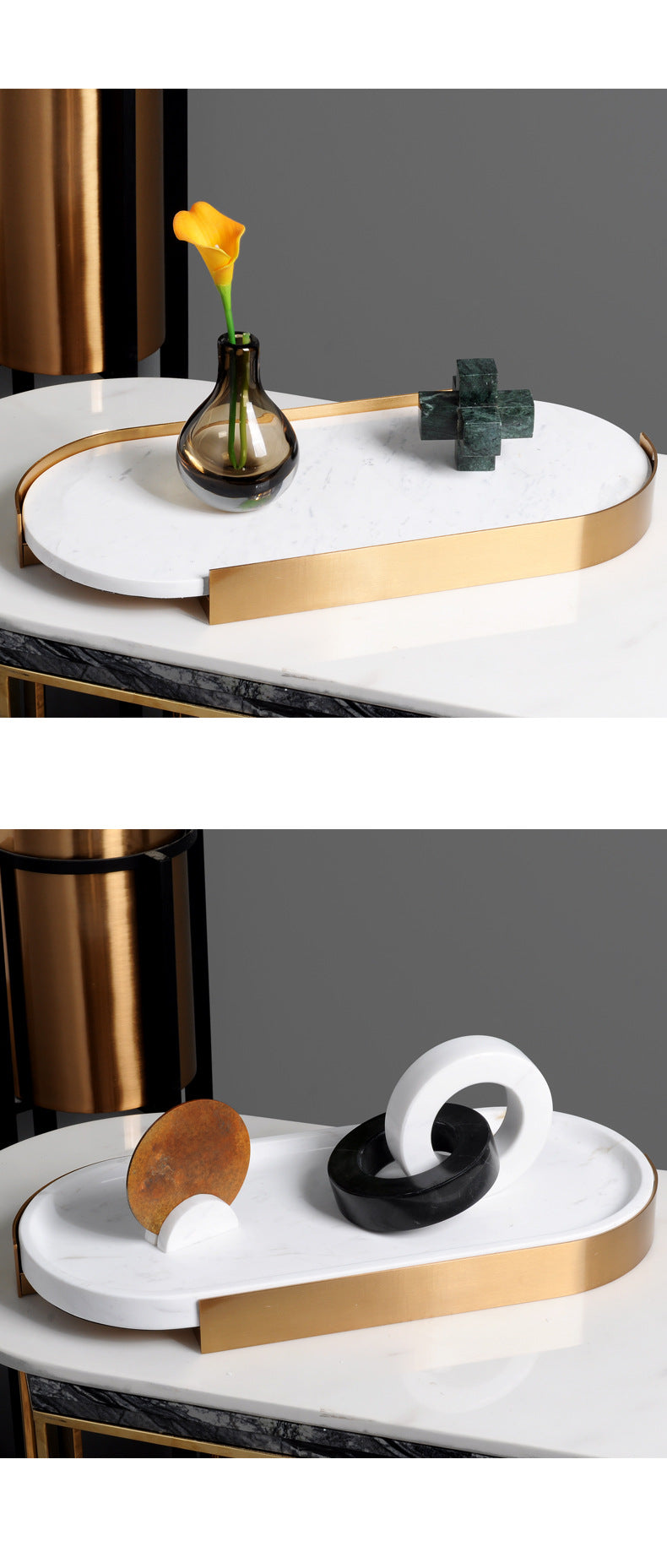 Marble Coffee Table Tray with Gold Rim Round & Oval Vanity Tray