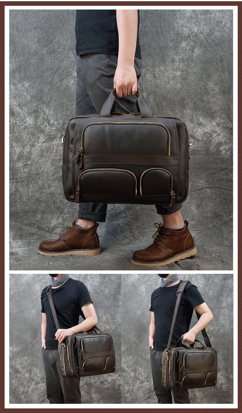 Genuine Leather Office Laptop Bag with Trolley Sleeve