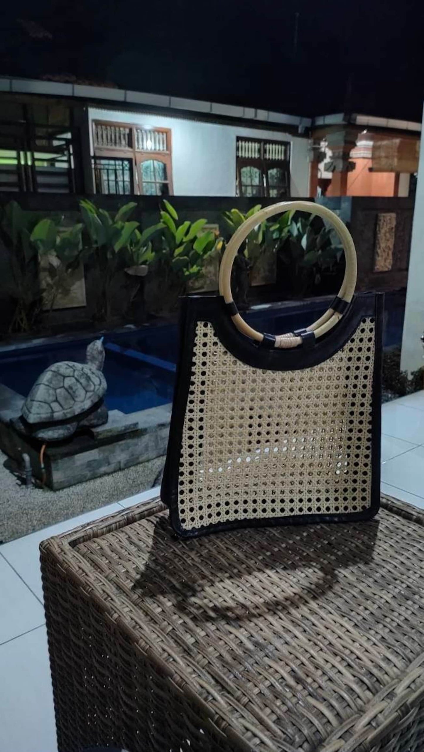 Rattan Webbing Handbag with bamboo handle