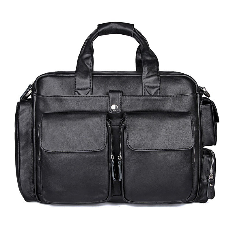Genuine Leather Office Briefcase Laptop Bag with Trolley Sleeve for Men
