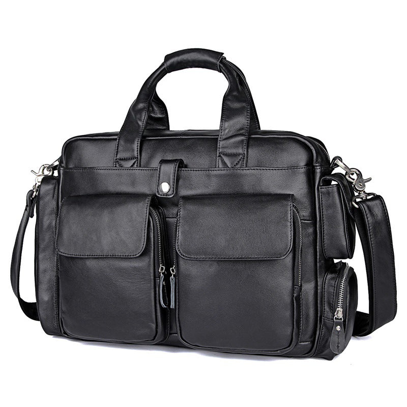 Genuine Leather Office Briefcase Laptop Bag with Trolley Sleeve for Men